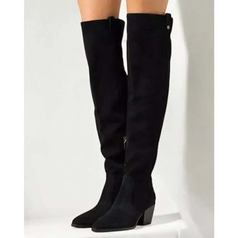 NWOB Michael Kors Harlow Black Suede Cuban Heel Over The Knee Boots size 6